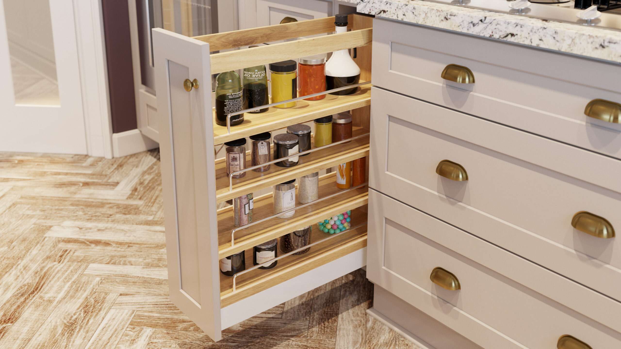 kitchen with dove grey shaker cabinets featuring base cabinets with a pull out spice rack