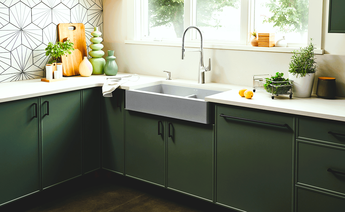 forest green kitchen with skinny shaker cabinets